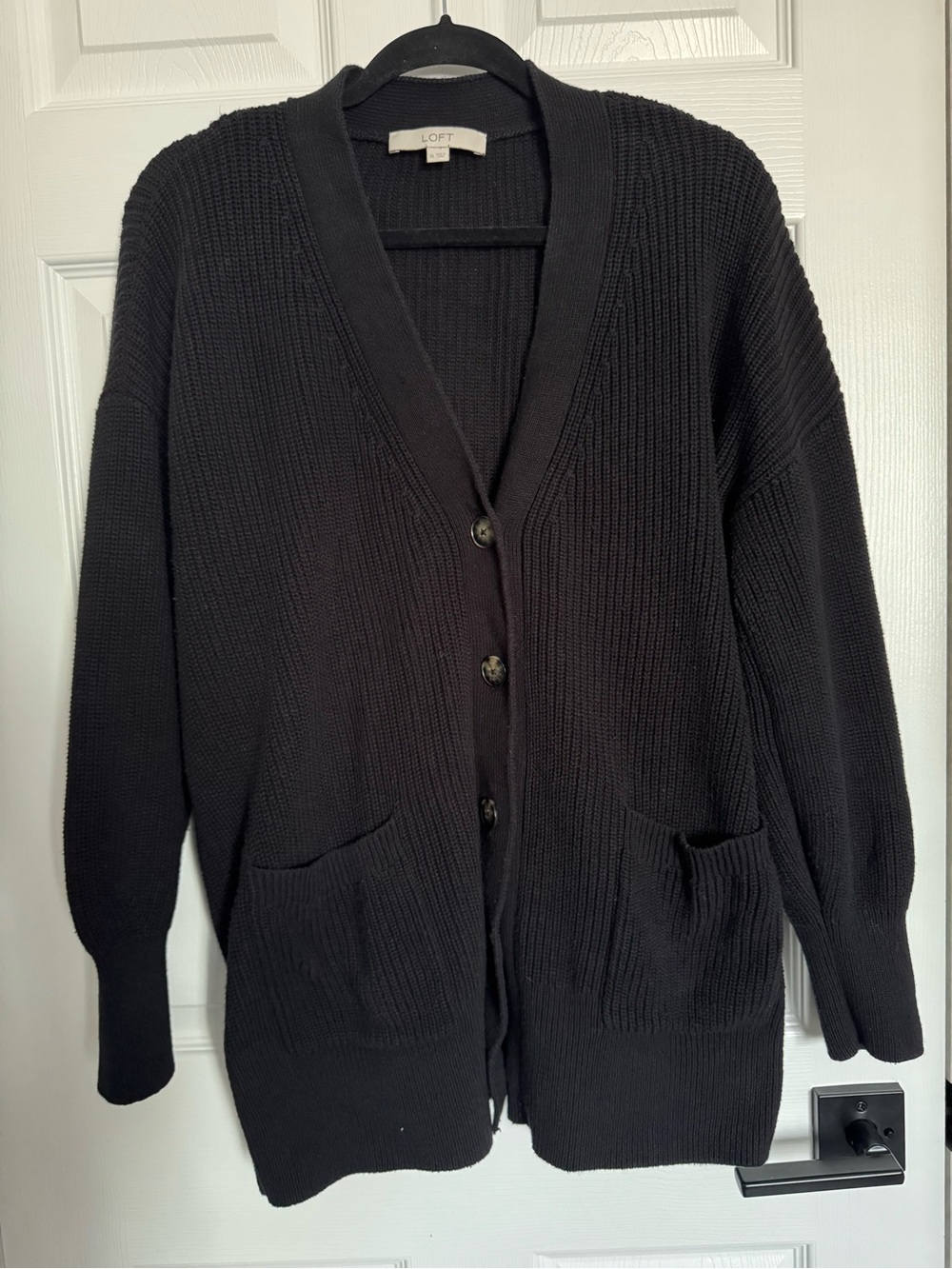 LOFT Black Ribbed V-Neck Button Cardigan